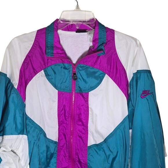 Retro Nike Track Windbreaker White/Purple/Green Vintage Blk/Wht Tag Size Med 90s - Picture 2 of 11